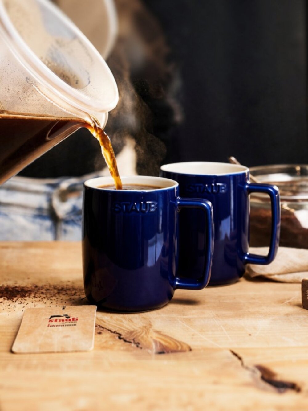 2 Staub Dark Blue Ceramic Coffee Mugs 16oz Stackable